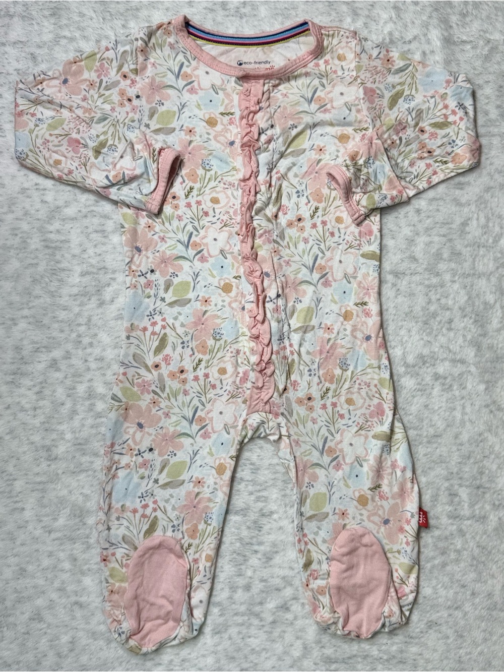 Magnetic Me Pink Floral Ruffle Footie Sleeper 3-6M Baby Girl Modal Garden Blush